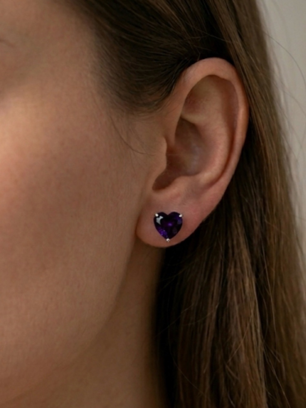 Heart-Shaped Amethyst Crystal Stud Earrings — Sterling Silver